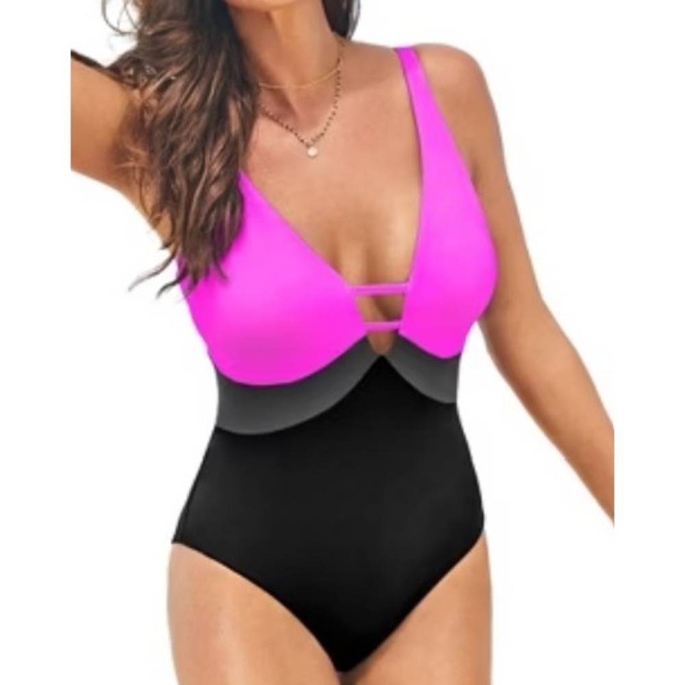 Swimsuits For All Womens 18  Colorblock V-Neck One Piece Swimsuit in Fuchsia